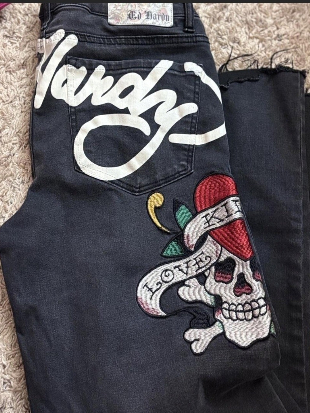 Ed Hardy Black Skull & Heart Embroidered Jeans